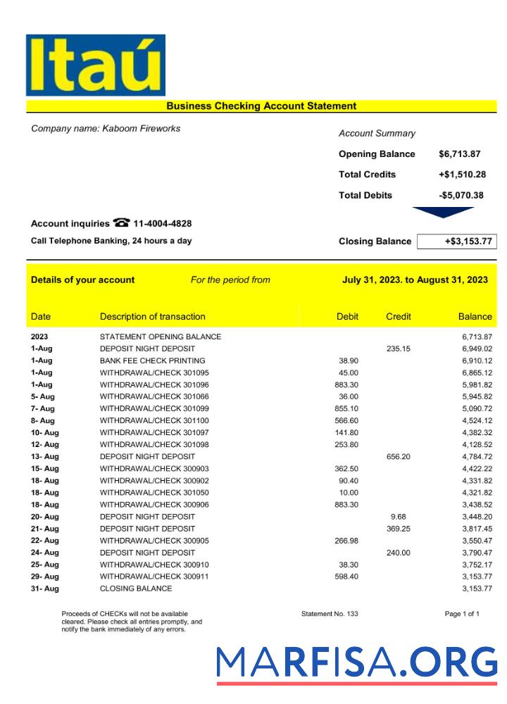Downloadable Bank Itaú enterprise account statement Word and PDF template